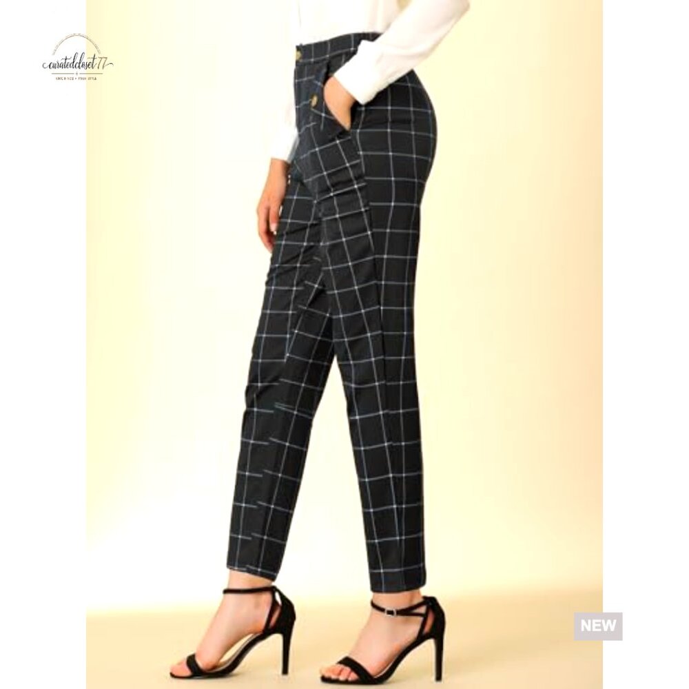 Vintage Tartan Plaid Pants Elastic Waist Straight Leg Trousers Casual Wear - Picture 4 of 6